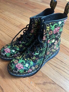Dr. Martens Black Floral Lace-Up Boots with Pink & Green Roses